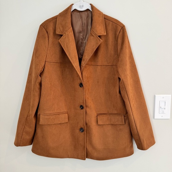Faux Suede Brown Lapel Collar Button Up Oversized Jacket Blazer Small - Picture 11 of 14